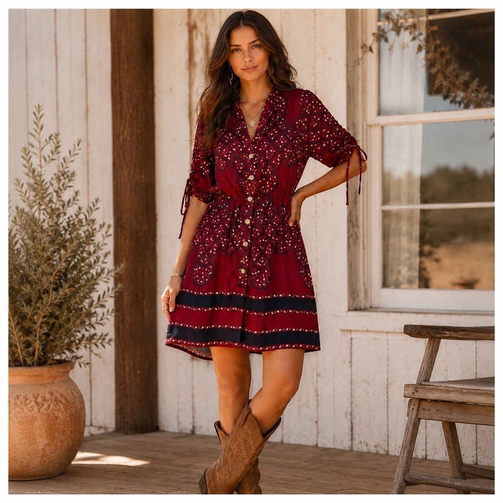 Banana Republic Burgundy Printed Button Front Mini Dress Size 8 Short Sleeve Tie